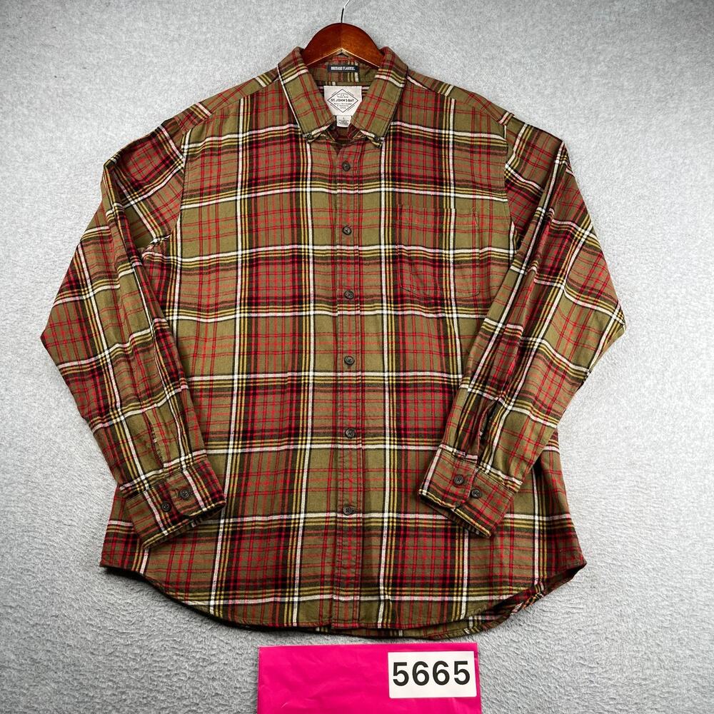 St John's Bay Brushed Flannel Shirt Brown Red Plaid Button Up Long Sleeve Men L